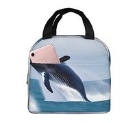 Bolsa de almuerzo con diseño de ballenas en el mar para hombre y mujer, elegante y grande, con aislamiento térmico, reutilizable, para el trabajo, picnic y senderismo, 21,5 cm de largo x 13 cm de an