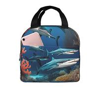 Bolsa de almuerzo con diseño de tiburón submarino y coral para hombre y mujer, elegante y grande, con aislamiento térmico, reutilizable, para el trabajo, picnic y senderismo, 21,5 cm de largo x 13,7