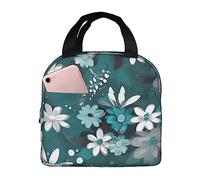 Bolsa de almuerzo con diseño floral en verde azulado, gris y blanco para hombres y mujeres. Elegante bolsa térmica grande para almuerzo, reutilizable para el trabajo, picnic y senderismo. 21,5 cm de