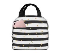 Bolsa de almuerzo Duduho con rayas blancas y negras, compacta, con lunares dorados, reutilizable, para mujeres, hombres, escuela y oficina.