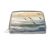 Bolsa de maquillaje de cuero impermeable con estampado de olas en la playa y aves marinas. Organizador de cosméticos pequeño con cremallera. Bolsa de aseo portátil para viajes, ideal para mujeres y ni