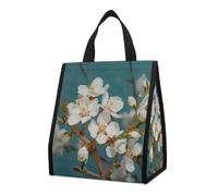Bolsa térmica reutilizable para el almuerzo, 9 l, a prueba de fugas, con diseño de flores blancas pálidas y bolsillos interiores para mujeres y hombres, bolsas portátiles para refrigerios, bolsas té