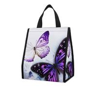 Bolsa térmica reutilizable para el almuerzo, de 9 l, a prueba de fugas, con diseño de mariposas blancas y moradas, con bolsillos interiores para mujeres y hombres, bolsas portátiles para refrigerios