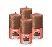 Bolsius Candela rustica a pilastro, rame brillante, confezione da 4, lunga durata di 62 ore, candela per la casa, decorazione d'interni, non profumata, include cera vegana naturale, senza olio di