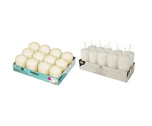 Bolsius Candele basiche per Decorazione, Cera, Avorio, dimensione cero singolo: h 7.8 cm Ø5.8cm, 12 unità & Papstar 17915 Pillar Confezione da 10 Candele, Bianco, 40 x 90 mm