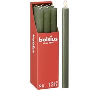 Bolsius Rustik - Candele a bastoncino, verde oliva, set da 9 pezzi, lunghezza 13 ore, non profumate, cera vegetale naturale, senza gocciolamento, senza olio di palma, 27 x 2,3 cm