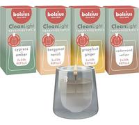 Bolsius - Set di Avvio CleanLight - Candela Profumata Ricaricabile - Supporto e 9 Ricariche - Diverse Fragranze - Grigio - Durata di Combustione di 20 Ore - Estratti Naturali e Cera Vegetale