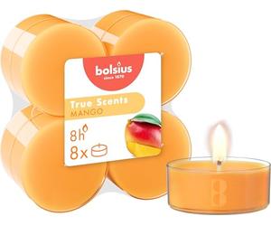 Bolsius - True Scents Tealights Profumati - Fragranza Mango - Set di 8 Pezzi - Colore Arancio - Lunga Durata di 8 Ore - Estratti Naturali - diametro 57 mm - Cera - Senza Fumo