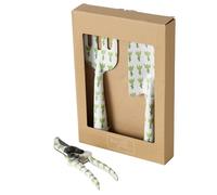 BOLTZE Blomma 2055383 - Attrezzo da giardino (3 pezzi, colore verde, in metallo, lunghezza 28 x altezza 8 x 3 cm, design floreale, paletta, forchetta per fiori, cesoie da giardino, accessori da