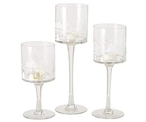 Boltze Set di 3 portacandele Nordy trasparente con case e cuori in bianco altezza 20 cm 25 cm e 30 cm portacandele sul piede decorazione da tavolo autunno inverno portacandele in vetro portacandele