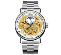 BOLYTE Orologi da polso meccanici automatici della cinghia d'acciaio della fase lunare dell'orologio degli uomini dell'orologio degli uomini, Argento e bianco, Bracciale