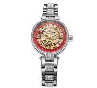 BOLYTE Orologio da donna automatico e manuale, quadrante scheletrato, fondello trasparente, cinturino in acciaio inox tempestato di cristalli con chiusura a farfalla, Argento - Rosso, Moderno