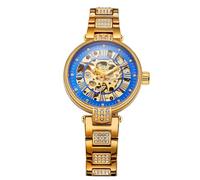 BOLYTE Orologio da donna automatico e manuale, quadrante scheletrato, fondello trasparente, cinturino in acciaio inox tempestato di cristalli con chiusura a farfalla, Oro - Blu reale, moderno