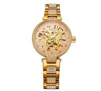 BOLYTE Orologio da donna automatico e manuale, quadrante scheletrato, fondello trasparente, cinturino in acciaio inox tempestato di cristalli con chiusura a farfalla, Oro - Rosa, moderno
