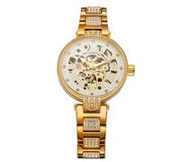 BOLYTE Orologio da donna automatico e manuale, quadrante scheletrato, fondello trasparente, cinturino in acciaio inox tempestato di cristalli con chiusura a farfalla, Oro - Bianco, moderno
