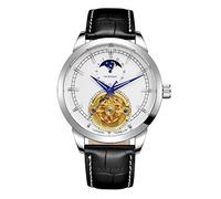 BOLYTE Orologio da uomo antico a carica automatica, 24 ore con quadrante solare e luna, scheletro cavo con cinturino in pelle, bianco, Cinturino