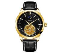 BOLYTE Orologio da uomo antico a carica automatica, 24 ore con quadrante solare e luna, scheletro cavo con cinturino in pelle, Oro nero, Cinturino