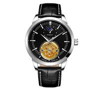 BOLYTE Orologio da uomo antico a carica automatica, 24 ore con quadrante solare e luna, scheletro cavo con cinturino in pelle, Argento nero, Cinturino