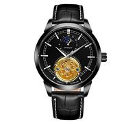 BOLYTE Orologio da uomo antico a carica automatica, 24 ore con quadrante solare e luna, scheletro cavo con cinturino in pelle, Nero , Cinturino