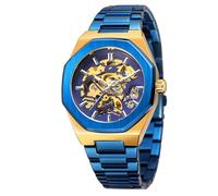 BOLYTE Orologio da uomo automatico meccanico scheletro, cassa ottagonale, cinturino in acciaio inossidabile, design a cuore aperto, scelta di colori per abiti casual e formali, blu dorato, Moderno