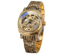 BOLYTE Orologio da uomo meccanico automatico a carica manuale in cassa quadrata vintage inciso bracciale in acciaio e chiusura deployante, regalo retrò per lui, Oro, Retrò