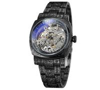 BOLYTE Orologio da uomo meccanico automatico a carica manuale in cassa quadrata vintage inciso bracciale in acciaio e chiusura deployante, regalo retrò per lui, Nero , Retrò