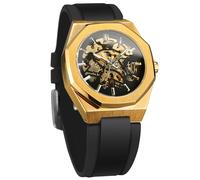 BOLYTE - Orologio da uomo meccanico automatico scheletrato con lancette luminose, cinturino in silicone nero, cassa ottagonale, Oro, Militare