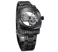 BOLYTE Orologio meccanico automatico da uomo, scheletro, cassa quadrata con incisioni vintage, movimento ponte a vista, lancette luminose, cinturino in acciaio inox e chiusura deployante, Nero , Retrò