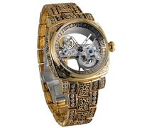 BOLYTE Orologio meccanico automatico da uomo, scheletro, cassa quadrata con incisioni vintage, movimento ponte a vista, lancette luminose, cinturino in acciaio inox e chiusura deployante, Oro, Retrò