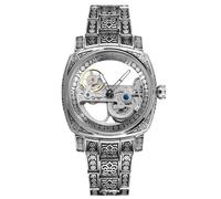BOLYTE Orologio meccanico automatico da uomo, scheletro, cassa quadrata con incisioni vintage, movimento ponte a vista, lancette luminose, cinturino in acciaio inox e chiusura deployante, Argento
