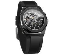 BOLYTE Orologio meccanico automatico da uomo, scheletro, con lancette luminose, cinturino in silicone nero, cassa ottagonale, Nero , Militare