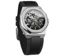 BOLYTE Orologio meccanico automatico da uomo, scheletro, con lancette luminose, cinturino in silicone nero, cassa ottagonale, Argento nero, Militare