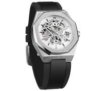 BOLYTE Orologio meccanico automatico da uomo, scheletro, con lancette luminose, cinturino in silicone nero, cassa ottagonale, Argento e bianco, Militare