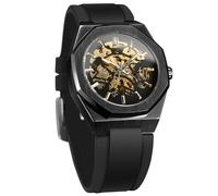 BOLYTE Orologio meccanico automatico da uomo, scheletro, con lancette luminose, cinturino in silicone nero, cassa ottagonale, Nero oro, Militare