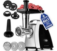 Bomann® tritacarne elettrico 1000W, accessorio per biscotti/spritz, 3 dischi trafila in metallo, funzione avanti e retromarcia, insaccatrice inclusa, corpo e coclea in metallo, FW 6067 CB