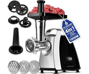 Bomann® tritacarne elettrico 1000W, accessorio per biscotti/spritz, 3 dischi trafila in metallo, funzione avanti e retromarcia, insaccatrice inclusa, corpo e coclea in metallo, FW 6067 CB