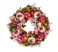 BOMAROLAN Ghirlanda di peonie artificiali, 48 cm, vintage, in seta, per primavera, estate, autunno, inverno, grandi ghirlande con foglie verdi per esterni, porta d'ingresso, interni, matrimoni, pareti