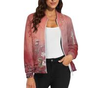 Bomber da donna, cappotto corto, a maniche lunghe, giacca college, leggera, elegante, colorato, comoda, giacca da pilota, con chiusura lampo, per le mezze stagioni, con tasche, motivo floreale, giacca