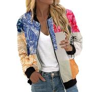 Bomber da donna, casual, a maniche lunghe, college, leggera, elegante, colorata, comoda, giacca da pilota, con chiusura lampo, per le mezze stagioni, con motivo floreale, giacca sportiva, Blu scuro