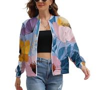 Bomber Donna Elegante, Giacca Leggera Pilota Scandinavo Fiori con Tasche, Peonia Petali Foglie Cappotto Antivento Zip Up Casual Outwear Giacca a Vento Primavera Autunno L