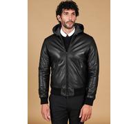 Bomber in Pelle Nera Uomo con Cappuccio Giubbotto Vera Pelle Made in Italy