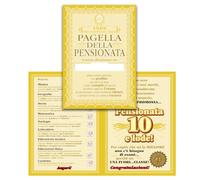 Bombo biglietto auguri pensione donna, con Busta, 30x21 cm | Pagella della pensionata con voti e frasi ironiche, gadget pensione donna