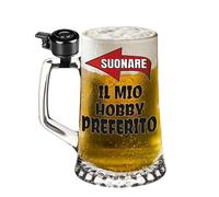 Bombo Boccale da Birra in vetro con Campanello - Stampa Colorata “Suonare è il mio hobby preferito” - Idea Regalo Divertente per Amici, Feste, Compleanni