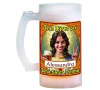 Bombo Boccale da birra in vetro personalizzato con il nome e la faccia del festeggiato etichetta Santa Donna