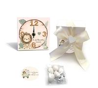 Bomboniera Battesimo Orologio in Legno Personalizzato, 10x10 cm, Include Confetti e Bigliettino (Leone)
