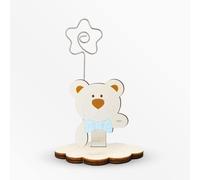 Bomboniera Portafoto Pupazzo Orso Papillon celeste Bambino Nascita e Battesimo con clip metallo Made in Italy da soprammobile Su base Nuvoletta in Legno