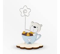 Bomboniera Portafoto Pupazzo Orso Tazza celeste Bambino Nascita e Battesimo con clip metallo Made in Italy da soprammobile Su base Nuvoletta in Legno