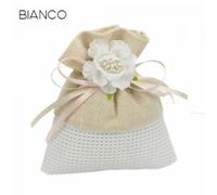BOMBONIERA SET 12 PZ SACCHETTO TESSUTO GREZZO E RETE COMUNIONE CRESIMA MATRIMONI