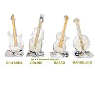 BOMBONIERA SET 4 STRUMENTI CHITARRA BASSO MANDOLINO VIOLINO ARGENTATI e SMALTATI