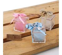Bomboniere Battesimo Comunione Sacro Angelo con Cuore e Ali Portachiave su Scatoline Plexiglass KIT 10 PZ Celeste